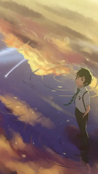 Young boy watching a comet under a colorful and dreamy sky.