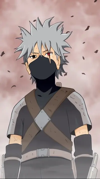 Young boy with spiky silver hair, dark clothing, and a mask