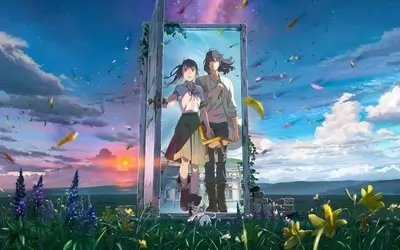 Young characters standing in a doorway, beautiful sky and landscape in the background