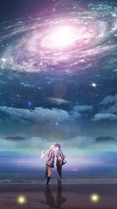 Young couple facing each other on beach under a starry sky with galaxy