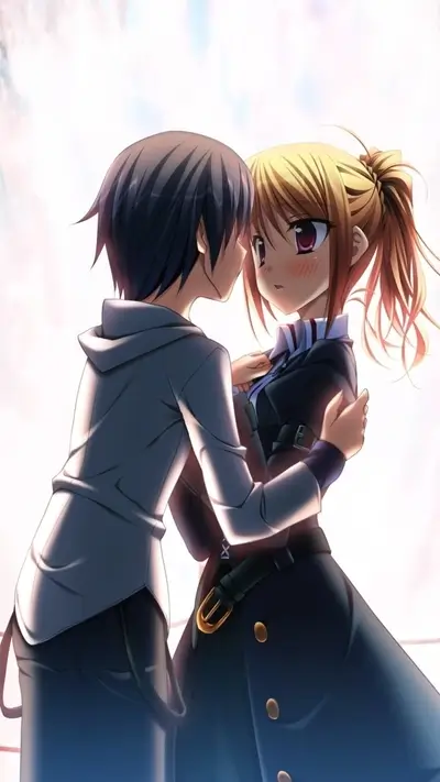 Young couple's tender moment, close to each other, faces near, with romantic undertones