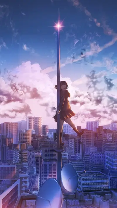 Young girl climbing tall antenna pole, overlooking cityscape with vibrant, colorful sunset