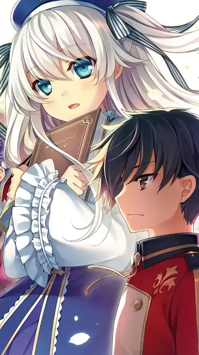 Young girl holding book beside boy, both anime-style, looking focused