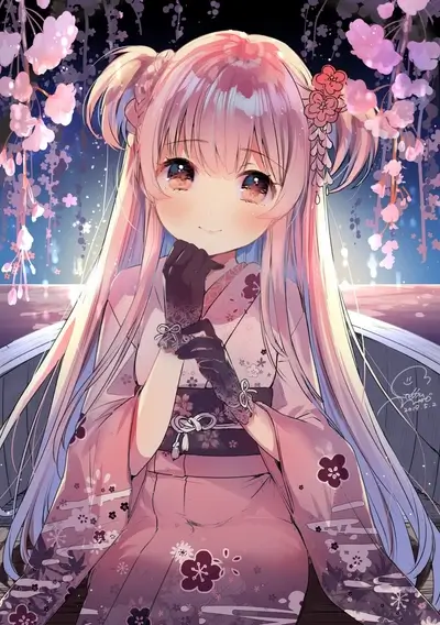 Young girl in kimono beneath cherry blossoms, soft lighting