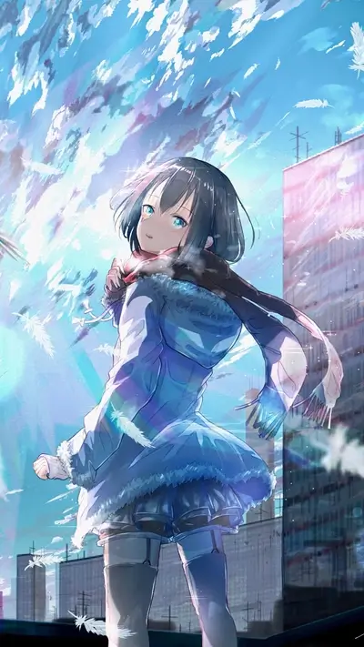 Young girl in winter clothes with feathers falling in the city