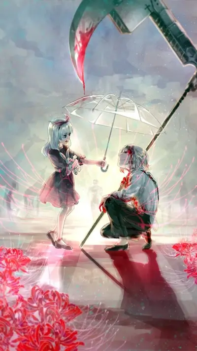 Young girl offering an umbrella to crouching figure, large bloody scythe looms above