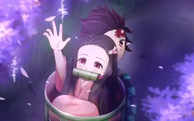 Young girl reaching out from basket surrounded by glowing purple flowers