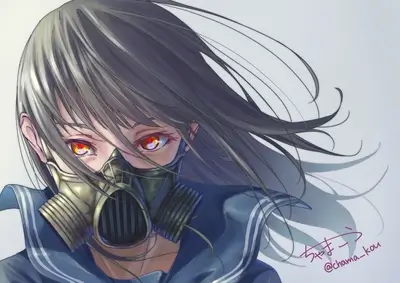 Young girl wearing a gas mask with fiery eyes gazes intensely