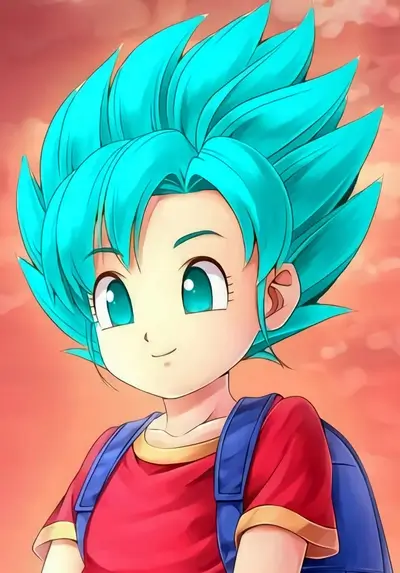 Young girl with teal spiky hair and wearing a backpack