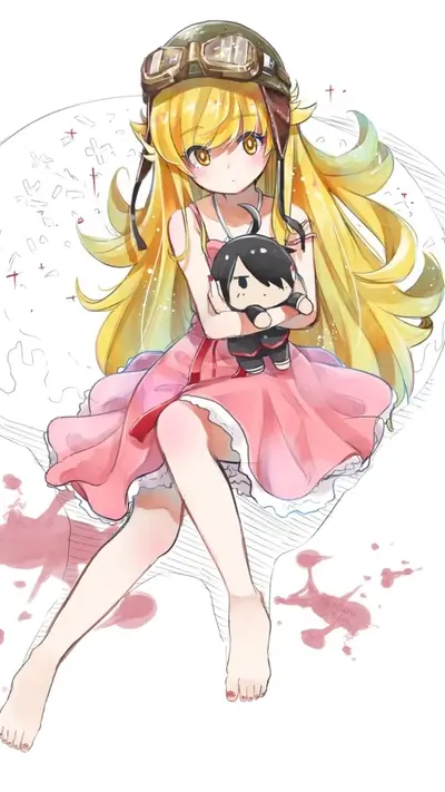 Young girl with yellow hair, holding Araragi Koyomi plush
