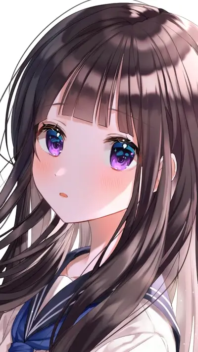 Young girl's head with long dark hair, purple eyes and sailor uniform.