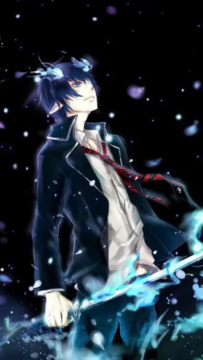 Young man wielding a glowing blue sword, anime style
