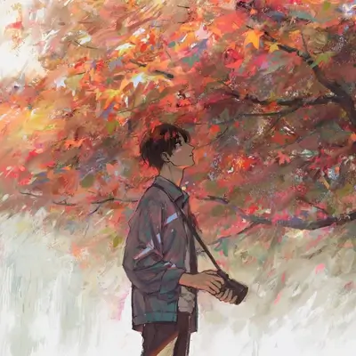 Young man with camera under autumn leaves