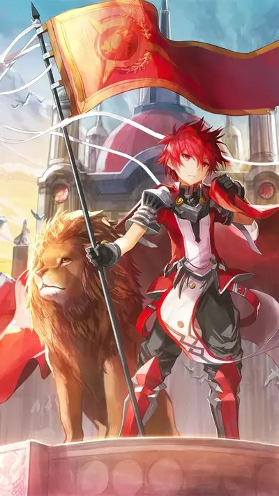 Young man with red hair and a lion posing with a red flag