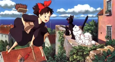 Young witch flying on broomstick with black cat and white kittens watching in a seaside village