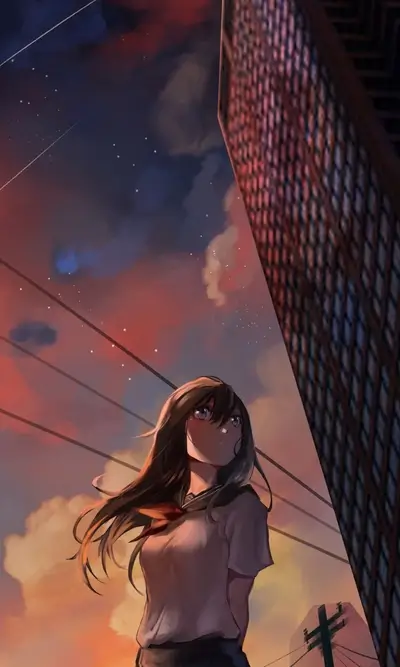 Young woman gazes skyward; towering building and colorful sunset backdrop