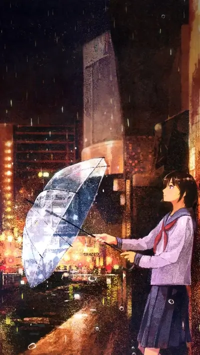 Young woman holding umbrella in night city rain, wearing school uniform, street ambiance.