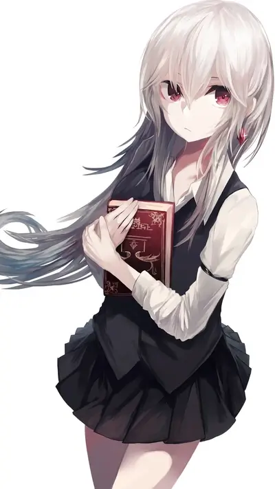 Young woman holds a book, silver hair and red eyes, formal dress, and dark academia style