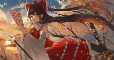 Young woman in red and white dress, holding ofuda, surrounded by autumn leaves