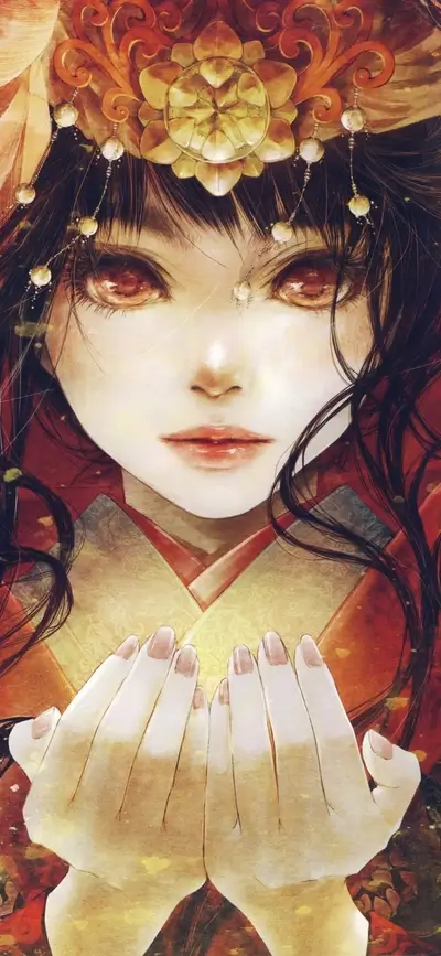 Young woman wearing golden headdress, holding hands, staring intently with bright, red eyes