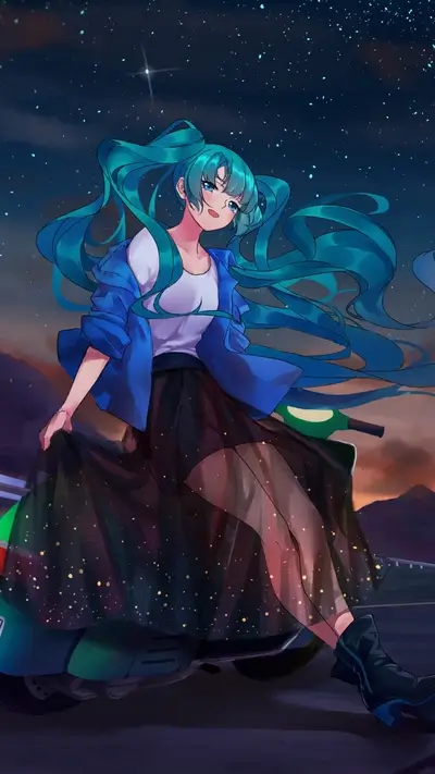 Young woman with blue hair on a motorbike against a night sky