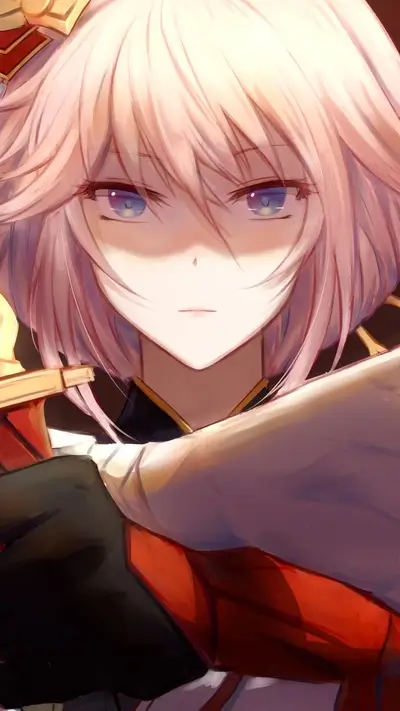 Young woman with pink hair, intense gaze, sword at ready
