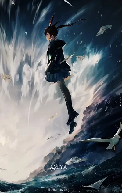 Young woman with rabbit ears amidst a turbulent sea and scattered papers
