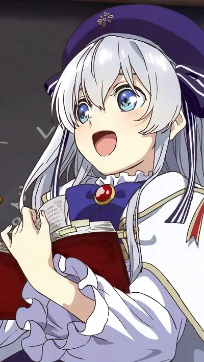 Young woman with silver hair reading, wearing a blue beret