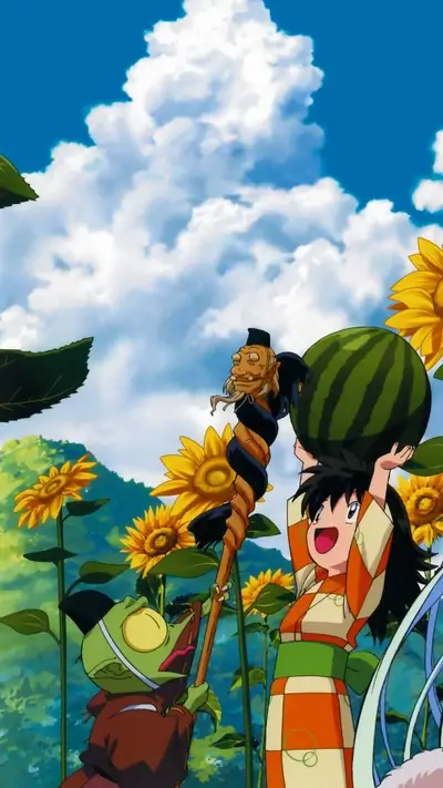 Youngster carrying a watermelon, accompanied by a staff and a goblin, among sunflowers.