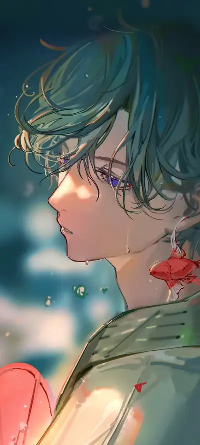 Youthful male character with teal hair, looking down