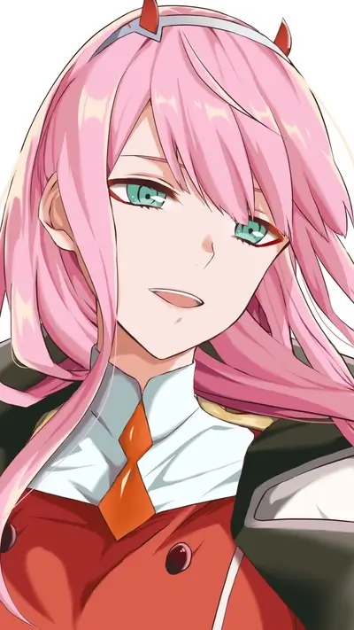 Zero Two, character with pink hair and horns, in detailed illustration