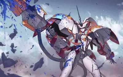 Zero Two in Franxx form wielding paint-splattered weapon, ready to fight