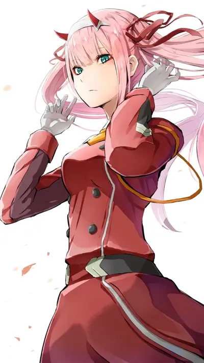 Zero Two in her pilot suit, pink hair, and horns