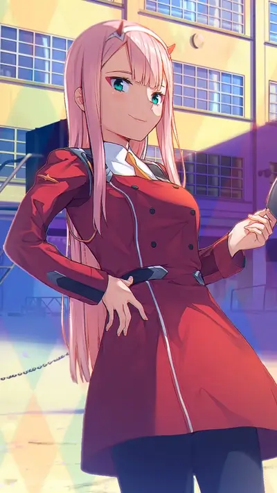 Zero Two in school uniform, holding something
