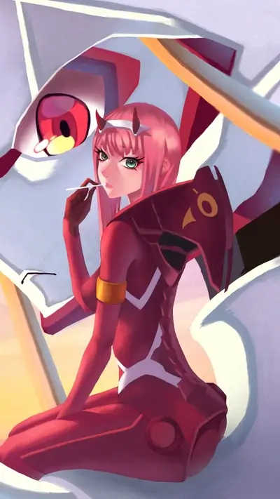 Zero Two sitting on a giant robot