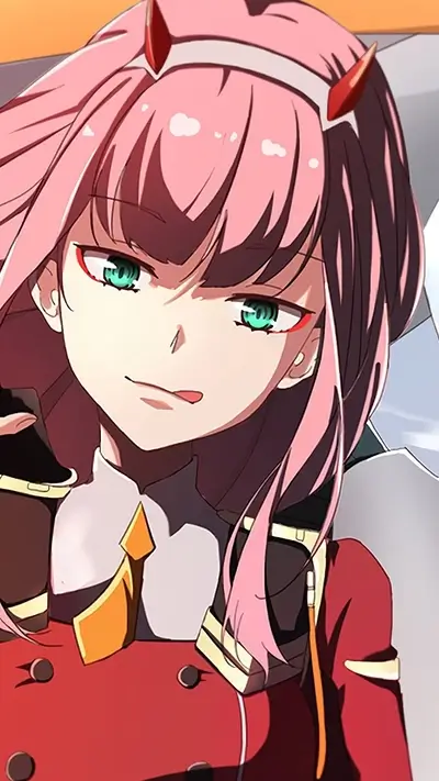 Zero Two with a slight smirk on her face