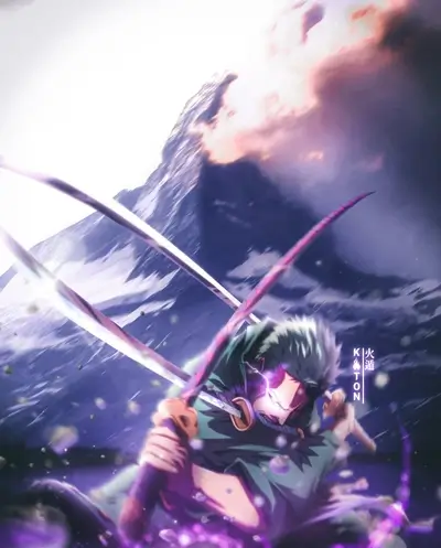 Zoro in action with three swords, purple aura, mountain background