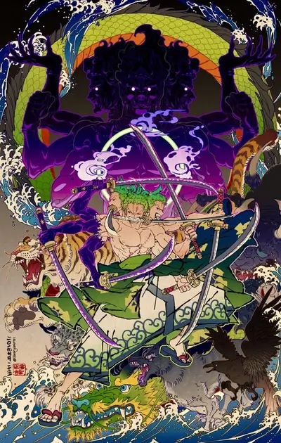 Zoro surrounded by creatures and a godlike figure with swords in vibrant colors