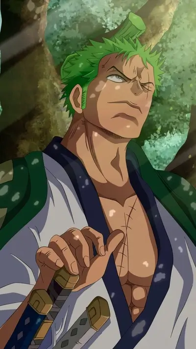 Zoro, swordsman from One Piece, muscular physique and intense gaze